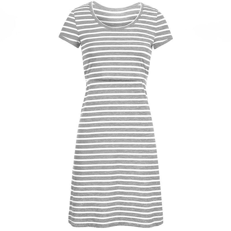 Multifunctional Striped Maternity Nursing Dress – Short Sleeve Breastfeeding Access - The Little Lights