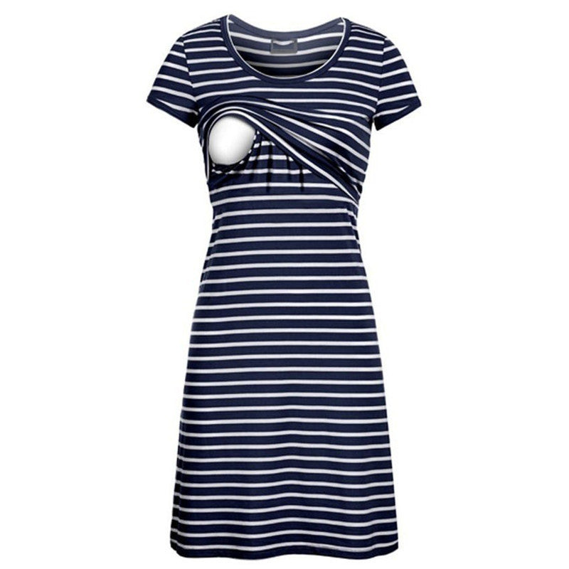 Multifunctional Striped Maternity Nursing Dress – Short Sleeve Breastfeeding Access - The Little Lights
