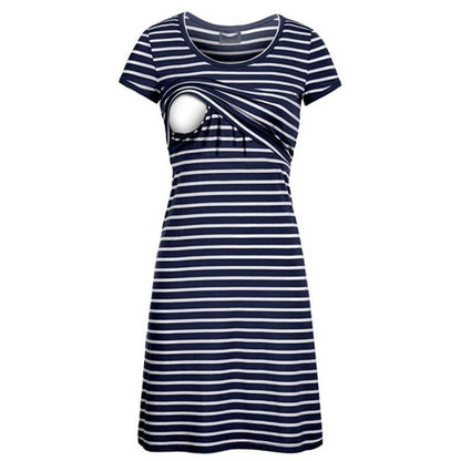 Multifunctional Striped Maternity Nursing Dress – Short Sleeve Breastfeeding Access - The Little Lights