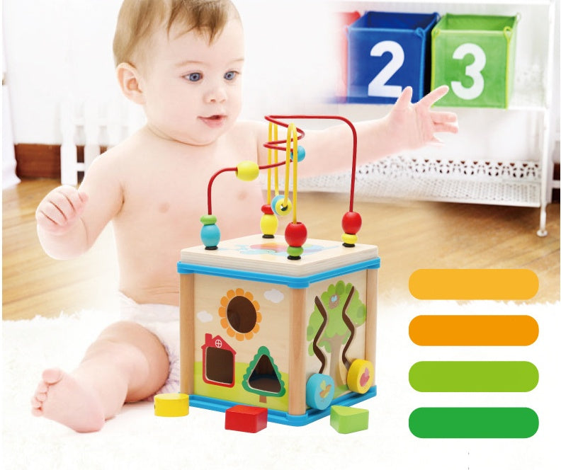Educational Wooden Activity Cube Toy | Beads, Clock & More - The Little Lights