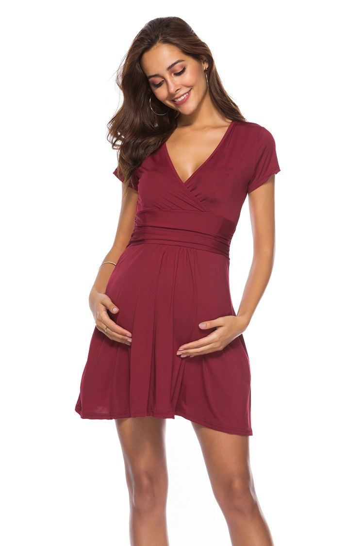 Deep V-Neck Maternity Dress – Soft, Stretchy & Stylish with Short Sleeves - The Little Lights