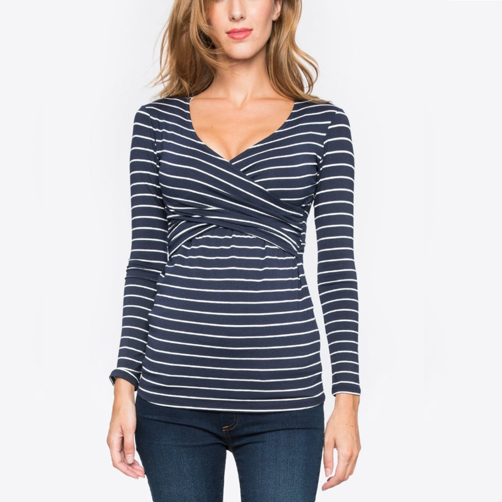 Striped Maternity Nursing Top – Long Sleeve Breastfeeding Shirt with Wrap Front Design - The Little Lights