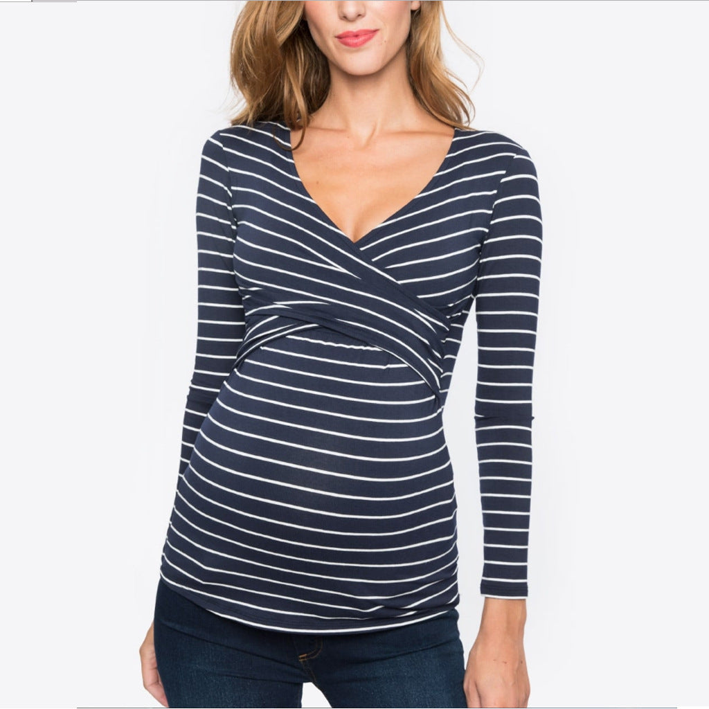 Striped Maternity Nursing Top – Long Sleeve Breastfeeding Shirt with Wrap Front Design - The Little Lights
