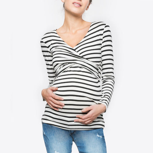 Striped Maternity Nursing Top – Long Sleeve Breastfeeding Shirt with Wrap Front Design - The Little Lights