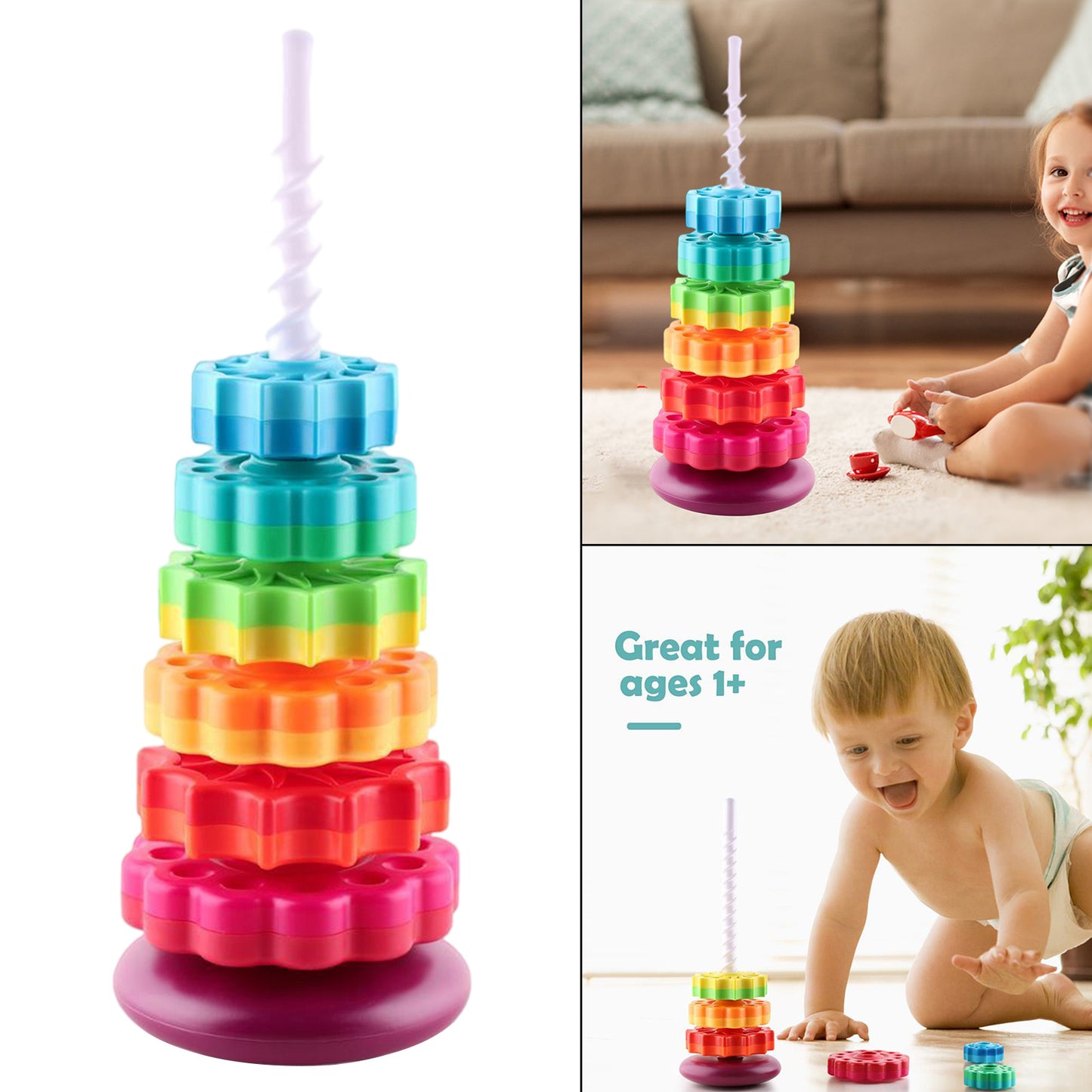 Infant Rainbow Stacking Gear Tower Toy – Large Montessori-Inspired Colorful Revolving Rings for Toddlers | Early Learning Fine Motor Toy - The Little Lights