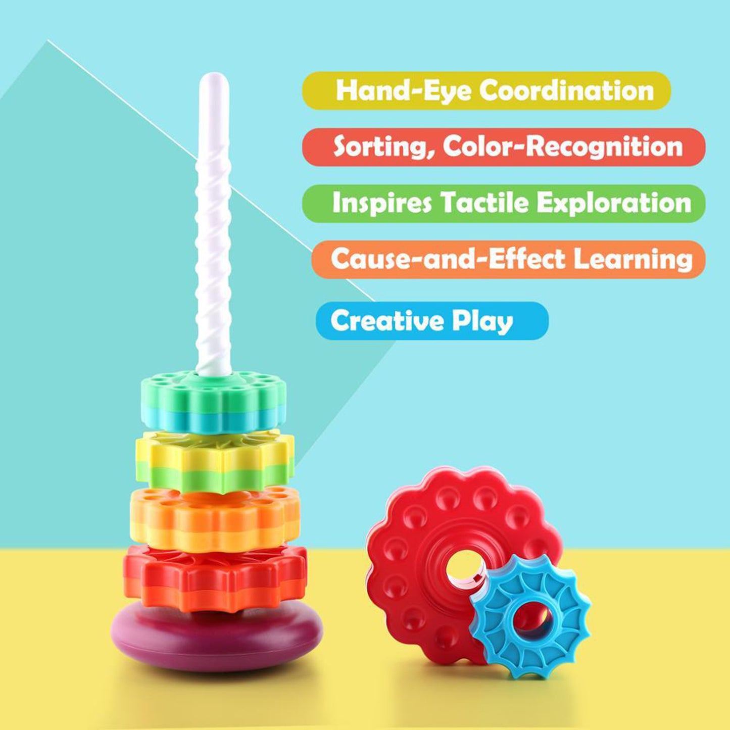 Infant Rainbow Stacking Gear Tower Toy – Large Montessori-Inspired Colorful Revolving Rings for Toddlers | Early Learning Fine Motor Toy - The Little Lights