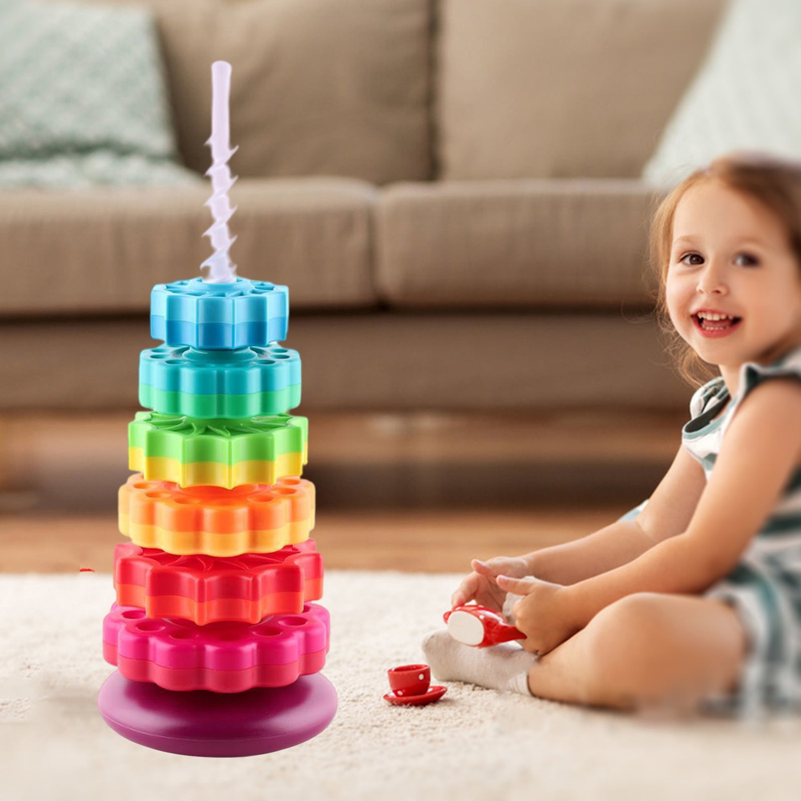Infant Rainbow Stacking Gear Tower Toy – Large Montessori-Inspired Colorful Revolving Rings for Toddlers | Early Learning Fine Motor Toy - The Little Lights