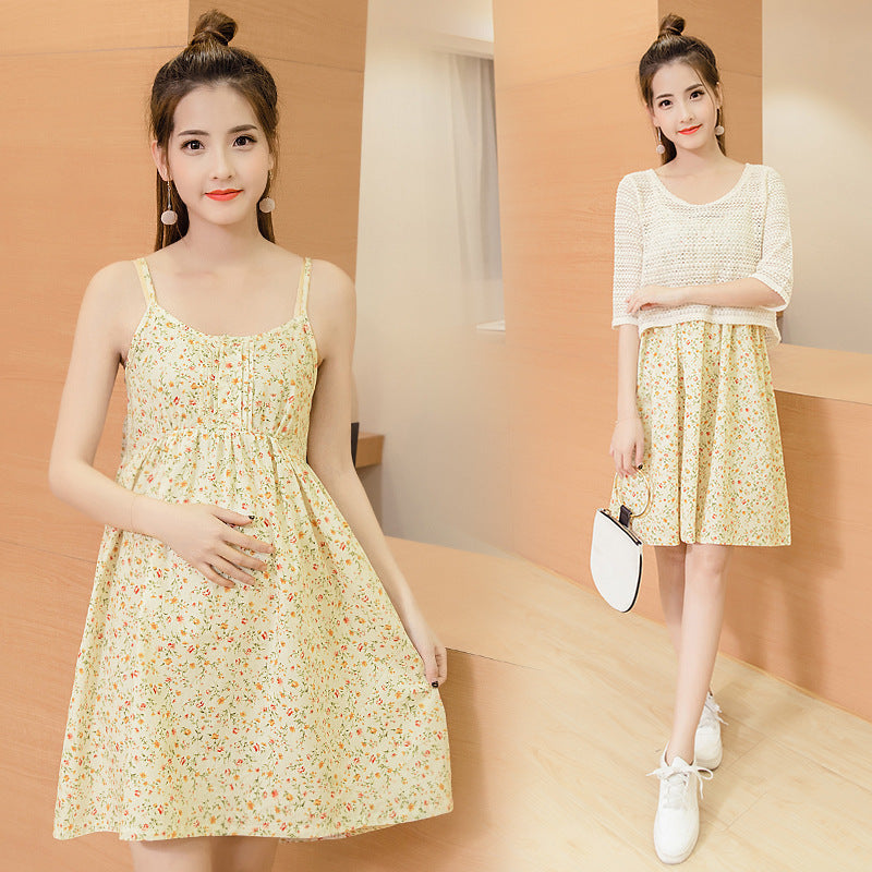 Floral Maternity Dress Set – Summer 2-Piece Sleeveless Dress + Net Top - The Little Lights