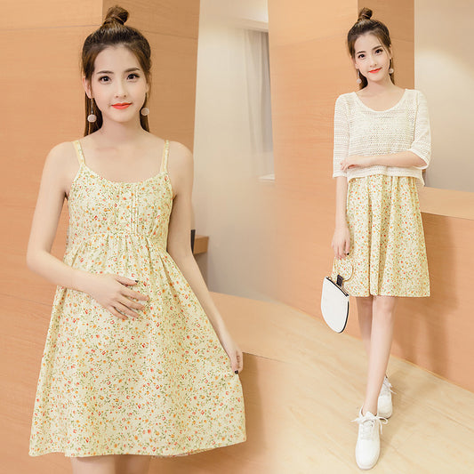 Floral Maternity Dress Set – Summer 2-Piece Sleeveless Dress + Net Top - The Little Lights