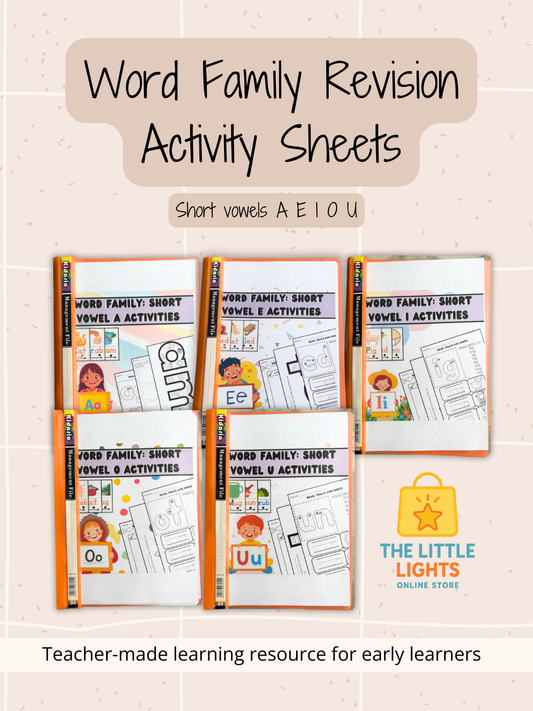Word Family Revision Activity Sheets – Short Vowel A, E, I, O, U (Phonics Worksheets for Early Learners)
