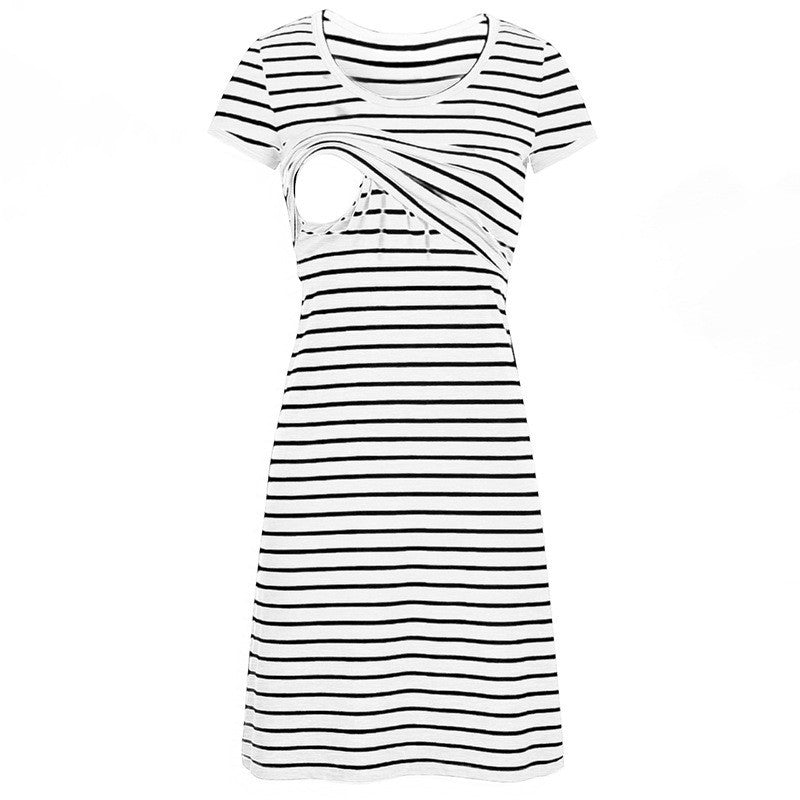 Multifunctional Striped Maternity Nursing Dress – Short Sleeve Breastfeeding Access - The Little Lights