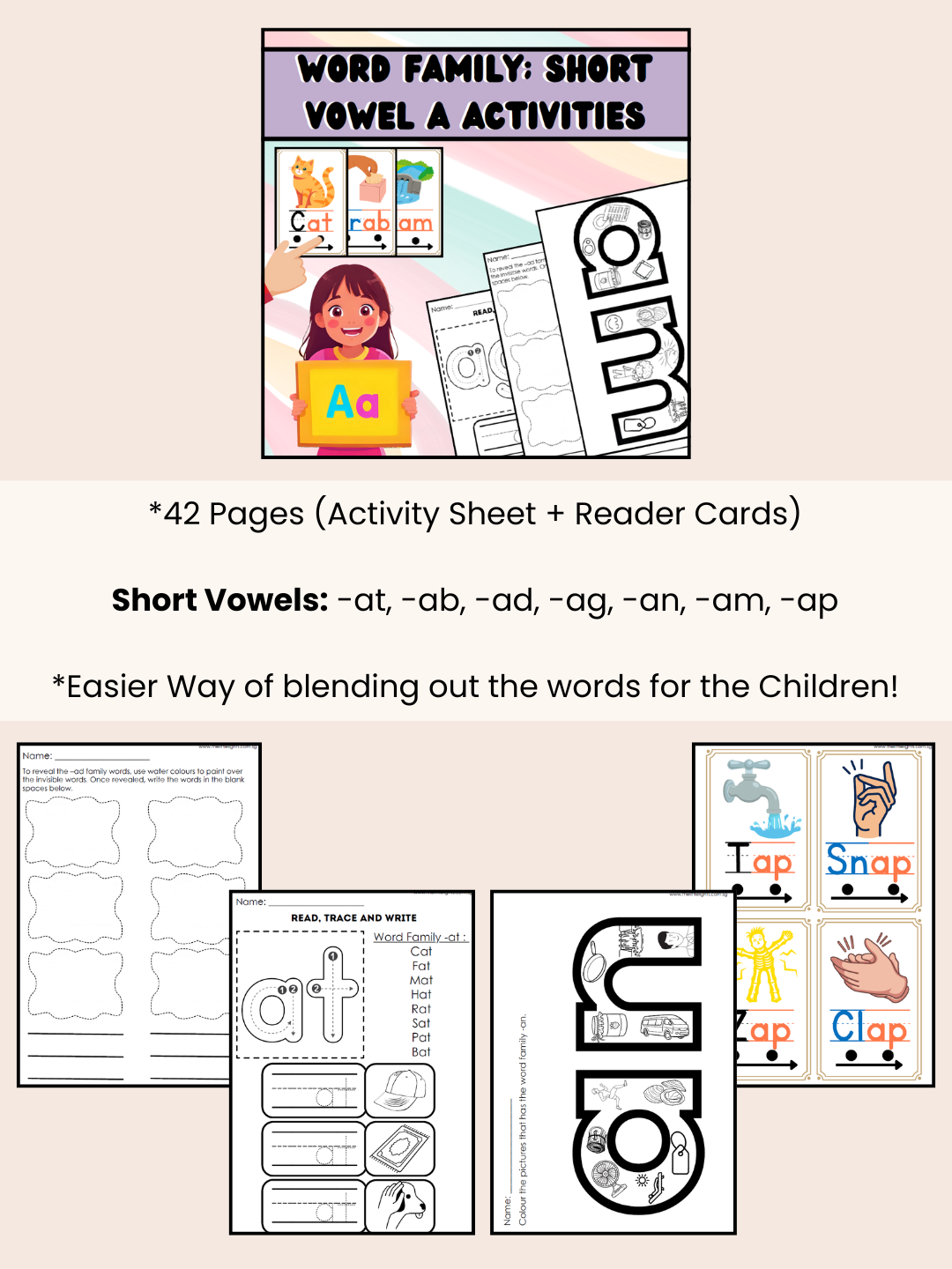 Word Family Revision Activity Sheets – Short Vowel A, E, I, O, U (Phonics Worksheets for Early Learners)