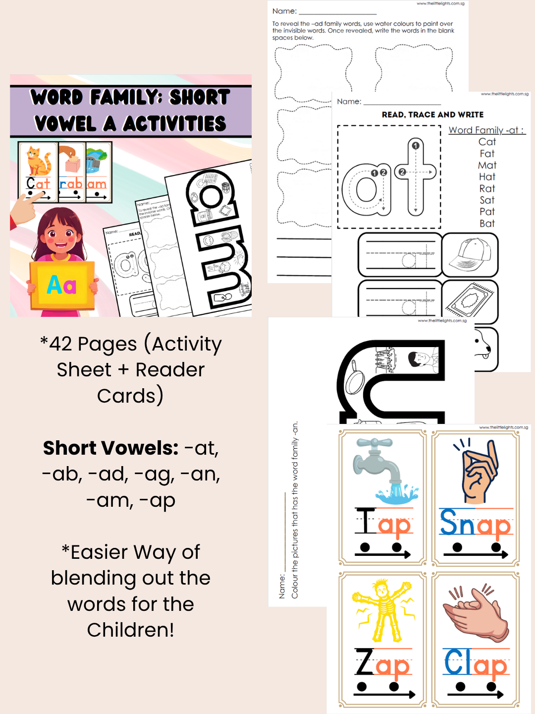 Word Family Revision Activity Sheets – Short Vowel A, E, I, O, U (Phonics Worksheets for Early Learners) - The Little Lights