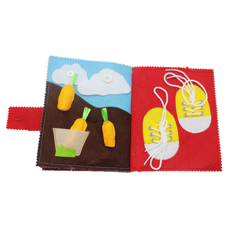Montessori DIY Cloth Activity Book – Learn to Tie Shoes & Plant Carrots (Quiet Book for Toddlers) - The Little Lights