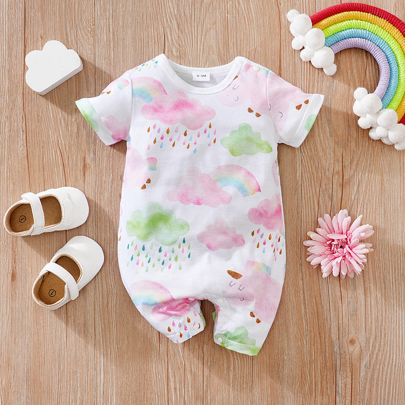 Rainbow Cloud Baby Romper – Short Sleeve Cotton Jumpsuit for Summer (0–12M) - The Little Lights
