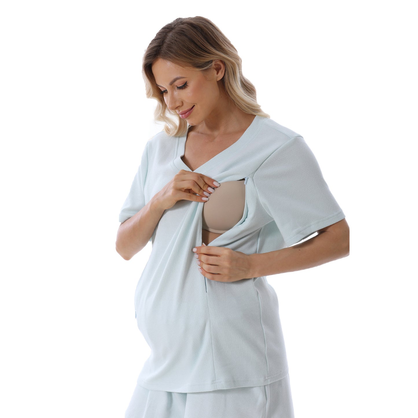 Summer Waffle Knit Maternity Pajama Set – Short Sleeve Nursing Top + Shorts (3XL–S) - The Little Lights