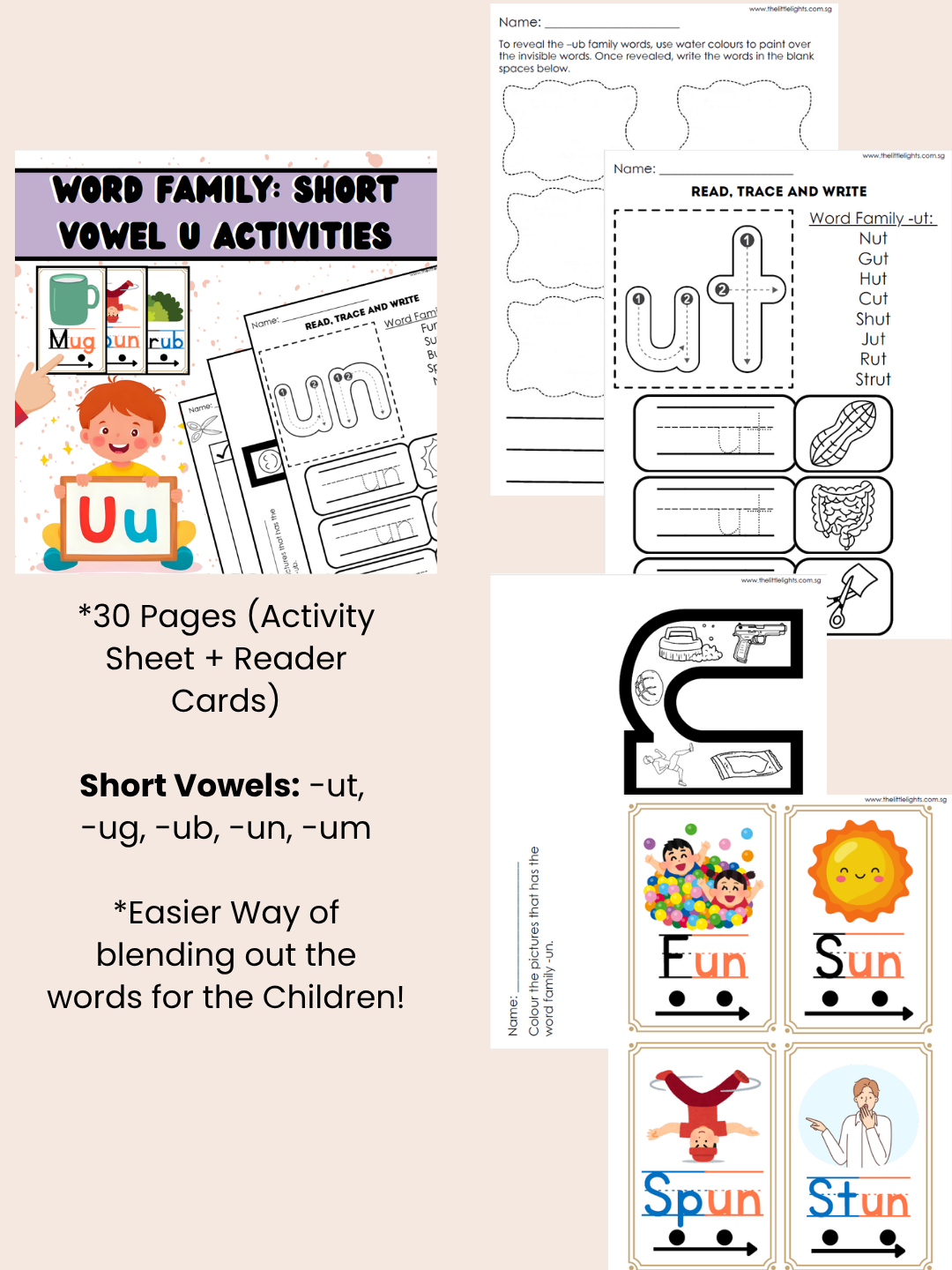 Word Family Revision Activity Sheets – Short Vowel A, E, I, O, U (Phonics Worksheets for Early Learners) - The Little Lights