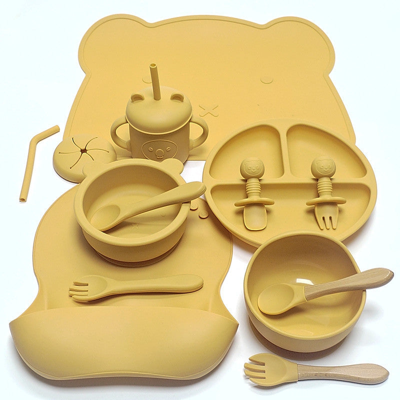 Creative Cartoon Baby Silicone Feeding Set – Non-Slip Bear-Shaped Dinner Plate with Utensils, Suction Bowl & Straw Cup | BPA-Free Toddler Tableware - The Little Lights