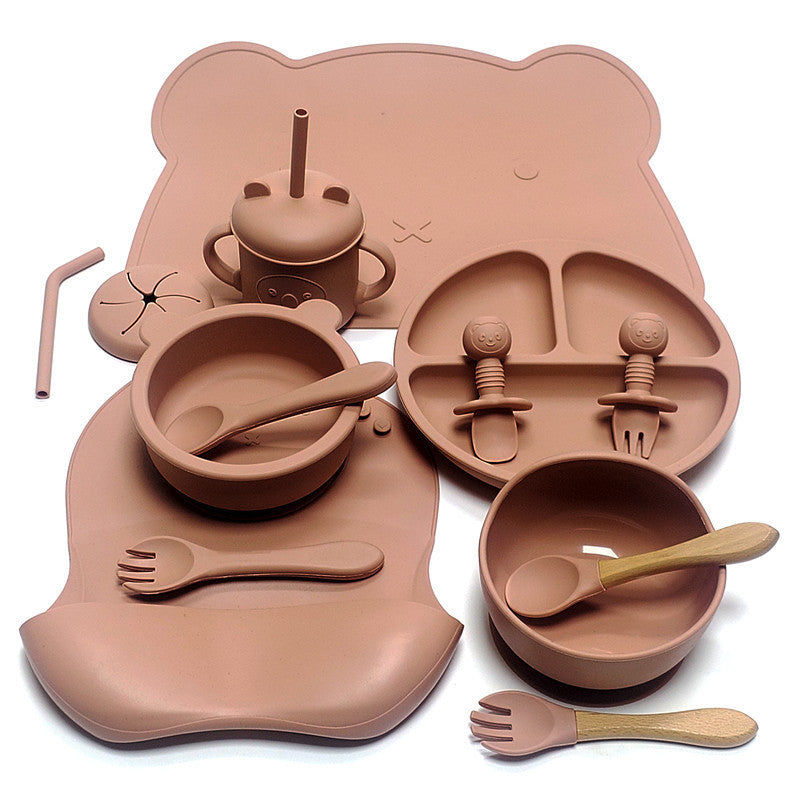 Creative Cartoon Baby Silicone Feeding Set – Non-Slip Bear-Shaped Dinner Plate with Utensils, Suction Bowl & Straw Cup | BPA-Free Toddler Tableware - The Little Lights