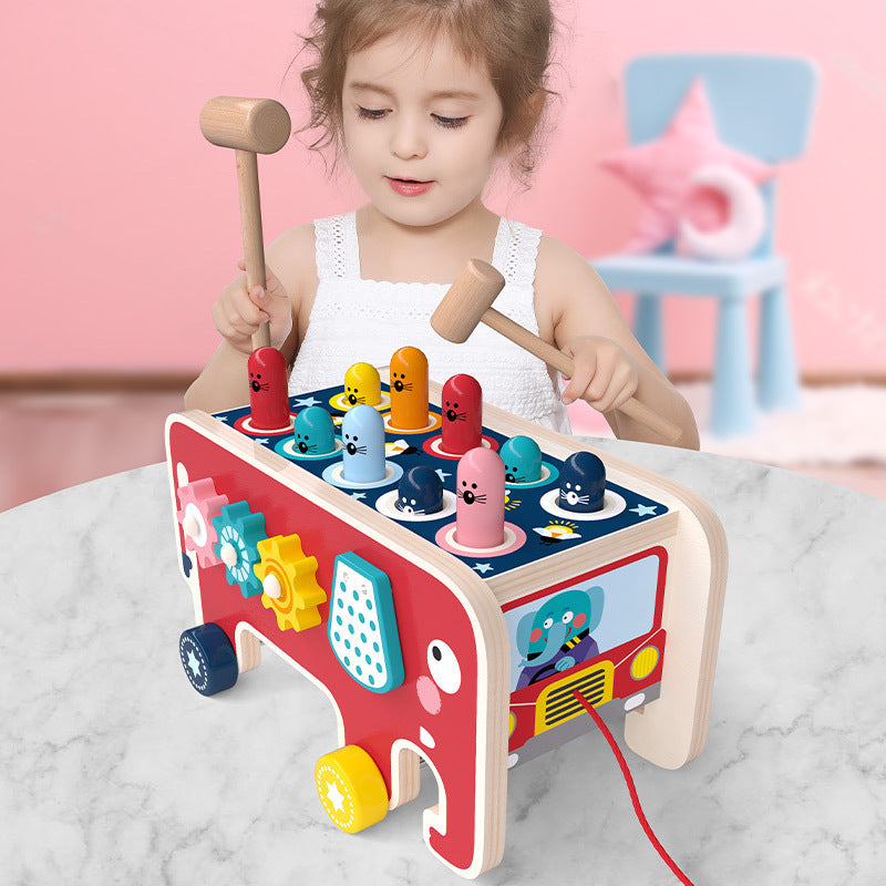 Montessori Wooden Animal Bus Toy – Pounding Bench, Musical Instrument & Gear Play for Toddlers - The Little Lights