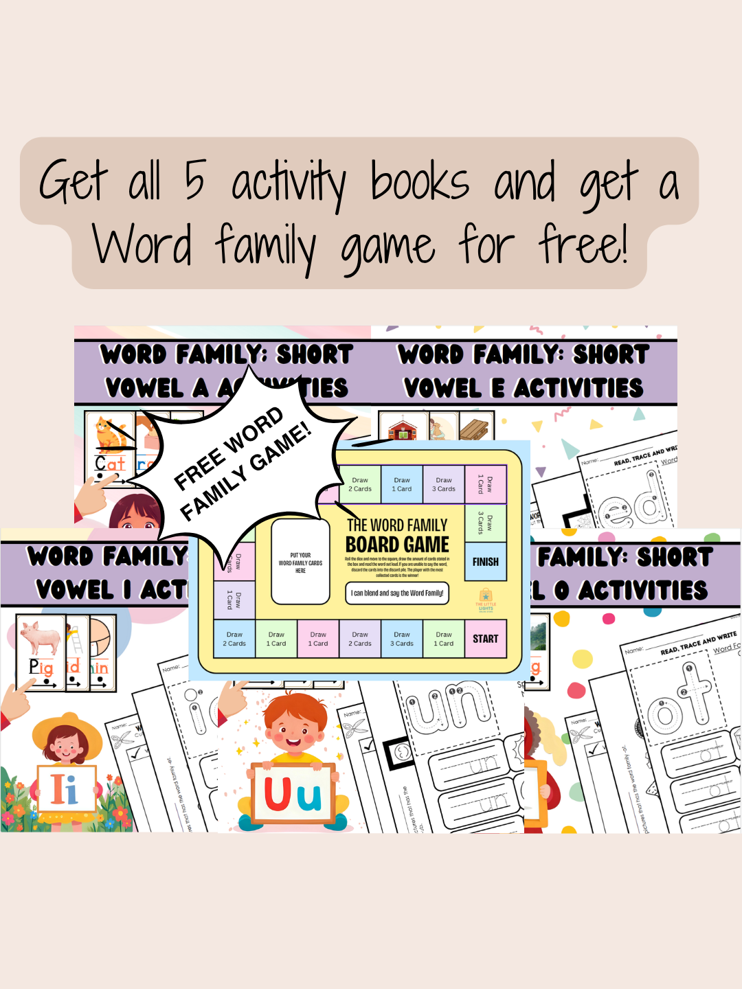 Word Family Revision Activity Sheets – Short Vowel A, E, I, O, U (Phonics Worksheets for Early Learners) - The Little Lights