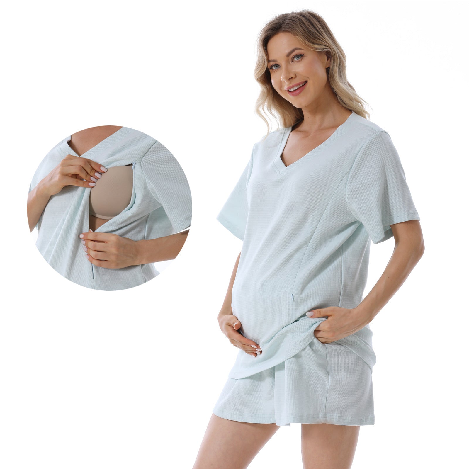 Summer Waffle Knit Maternity Pajama Set – Short Sleeve Nursing Top + Shorts (3XL–S) - The Little Lights