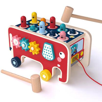 Montessori Wooden Animal Bus Toy – Pounding Bench, Musical Instrument & Gear Play for Toddlers - The Little Lights