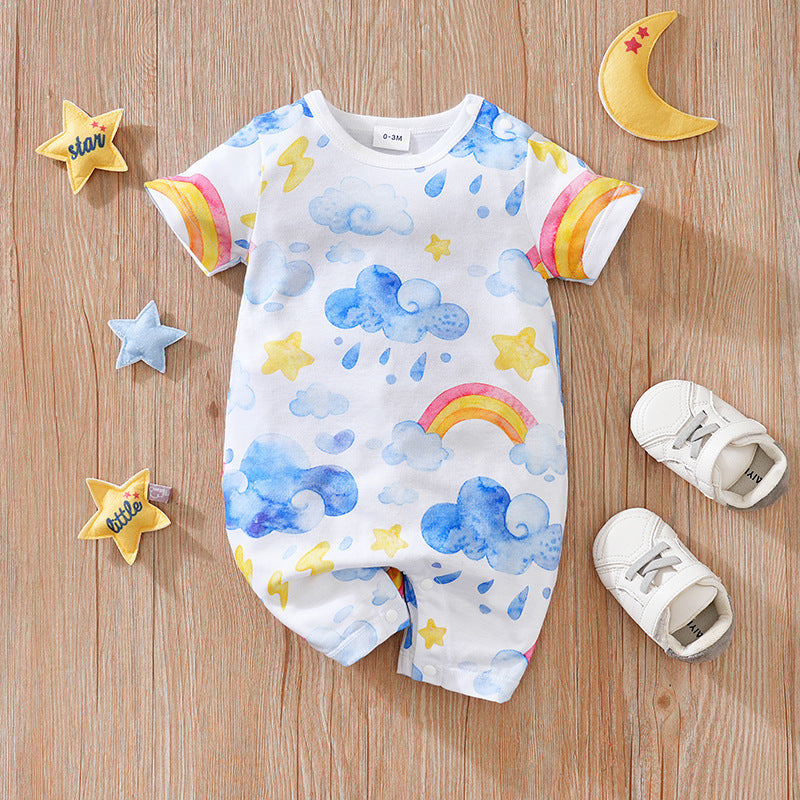 Rainbow Cloud Baby Romper – Short Sleeve Cotton Jumpsuit for Summer (0–12M) - The Little Lights