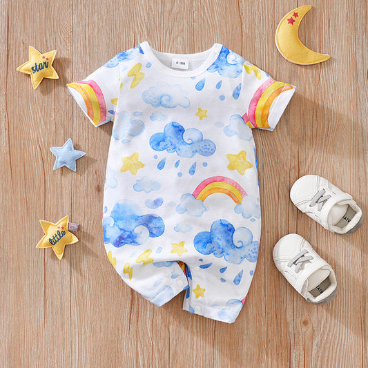 Rainbow Cloud Baby Romper – Short Sleeve Cotton Jumpsuit for Summer (0–12M) - The Little Lights