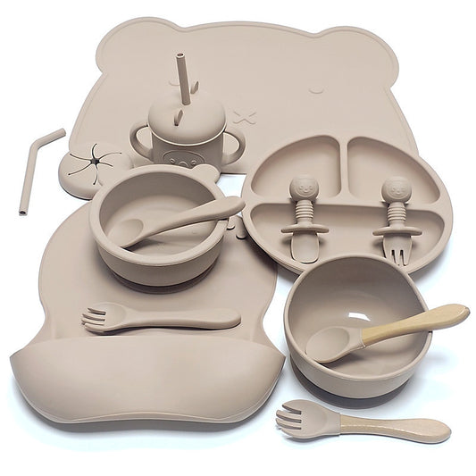 Creative Cartoon Baby Silicone Feeding Set – Non-Slip Bear-Shaped Dinner Plate with Utensils, Suction Bowl & Straw Cup | BPA-Free Toddler Tableware - The Little Lights