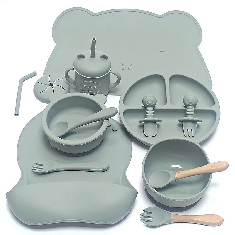 Creative Cartoon Baby Silicone Feeding Set – Non-Slip Bear-Shaped Dinner Plate with Utensils, Suction Bowl & Straw Cup | BPA-Free Toddler Tableware - The Little Lights